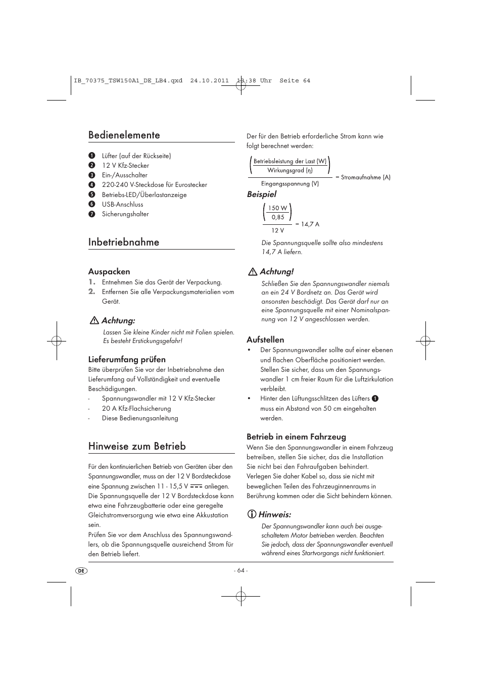 Bedienelemente, Inbetriebnahme, Hinweise zum betrieb | Tronic TSW 150 A1 User Manual | Page 66 / 72