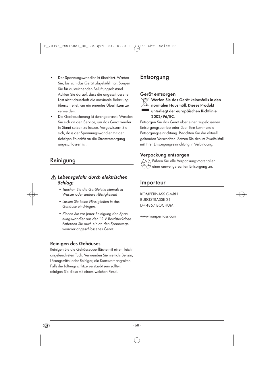 Reinigung, Entsorgung, Importeur | Tronic TSW 150 A1 User Manual | Page 70 / 72