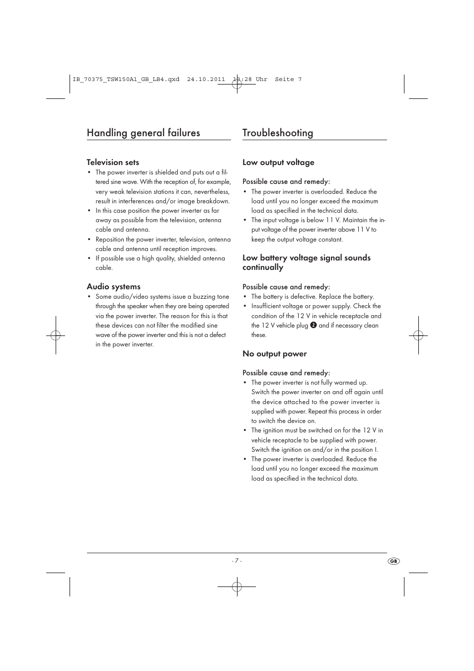 Handling general failures, Troubleshooting, Television sets | Audio systems, Low output voltage, Low battery voltage signal sounds continually, No output power | Tronic TSW 150 A1 User Manual | Page 9 / 72