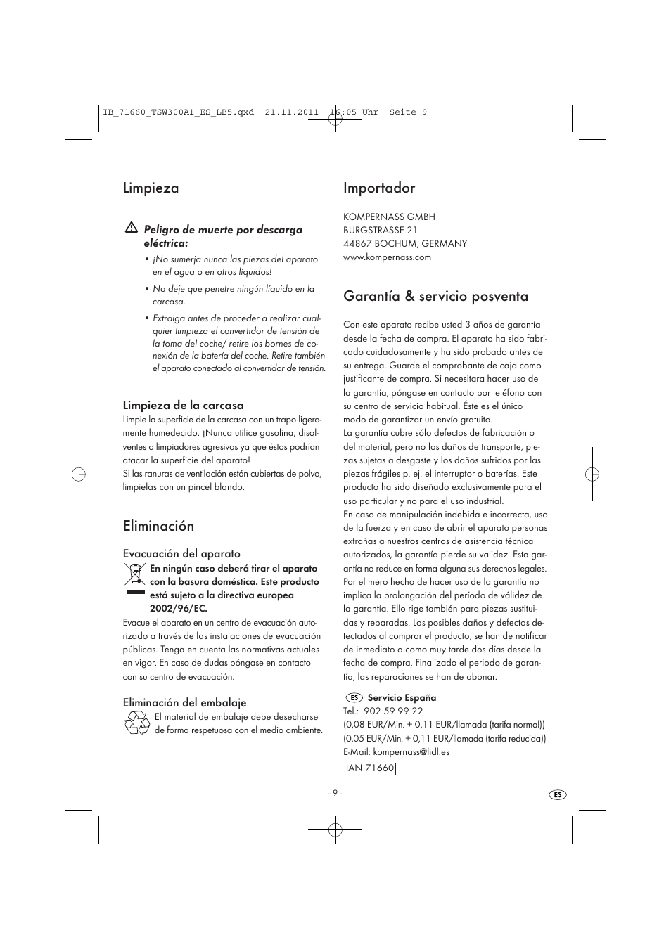 Limpieza, Eliminación, Importador | Garantía & servicio posventa | Tronic TSW 300 A1 User Manual | Page 11 / 42