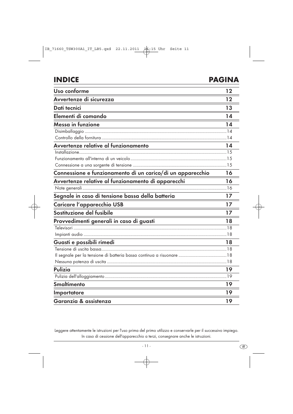 Indice pagina | Tronic TSW 300 A1 User Manual | Page 13 / 42