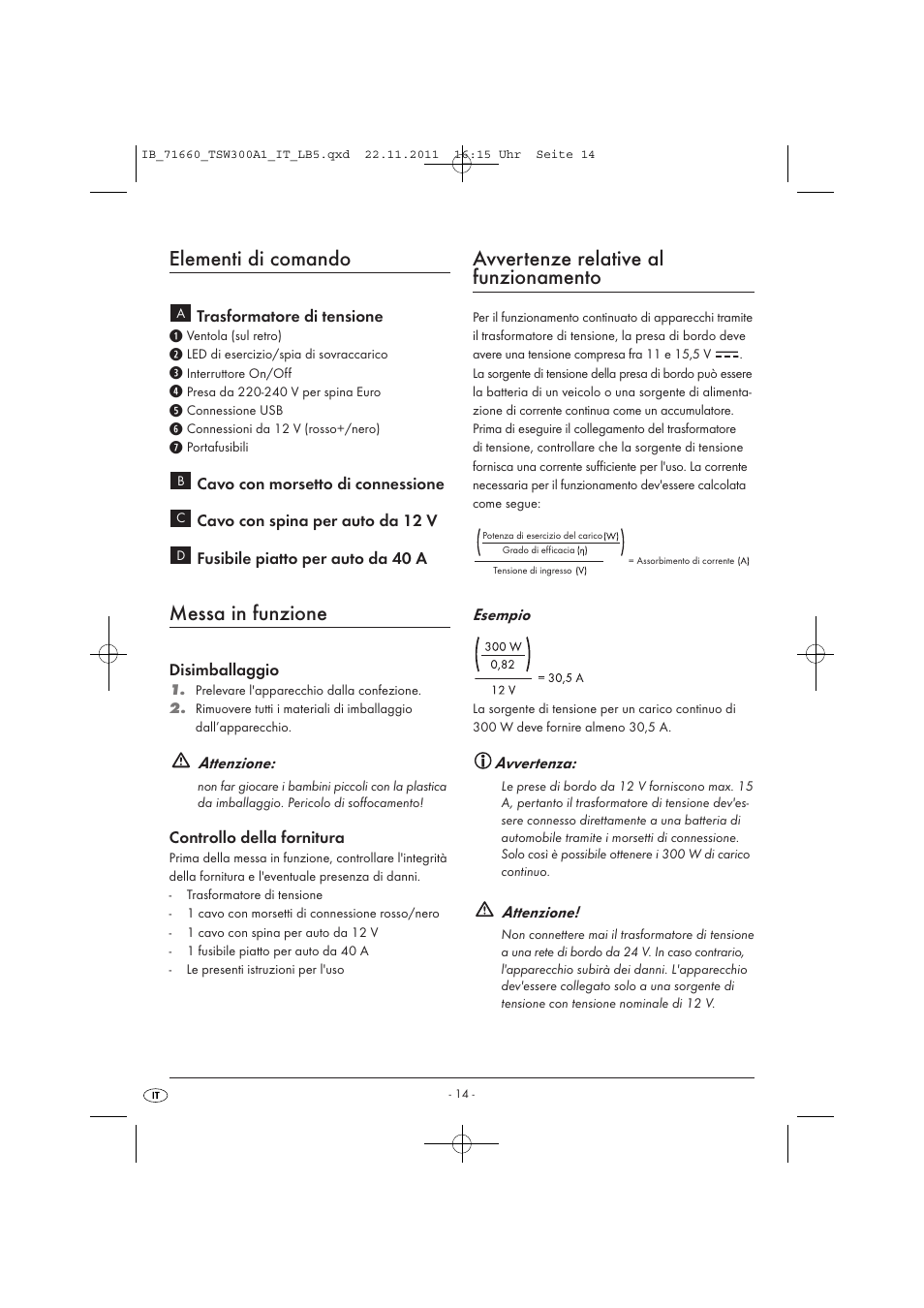 Elementi di comando, Messa in funzione, Avvertenze relative al funzionamento | Tronic TSW 300 A1 User Manual | Page 16 / 42