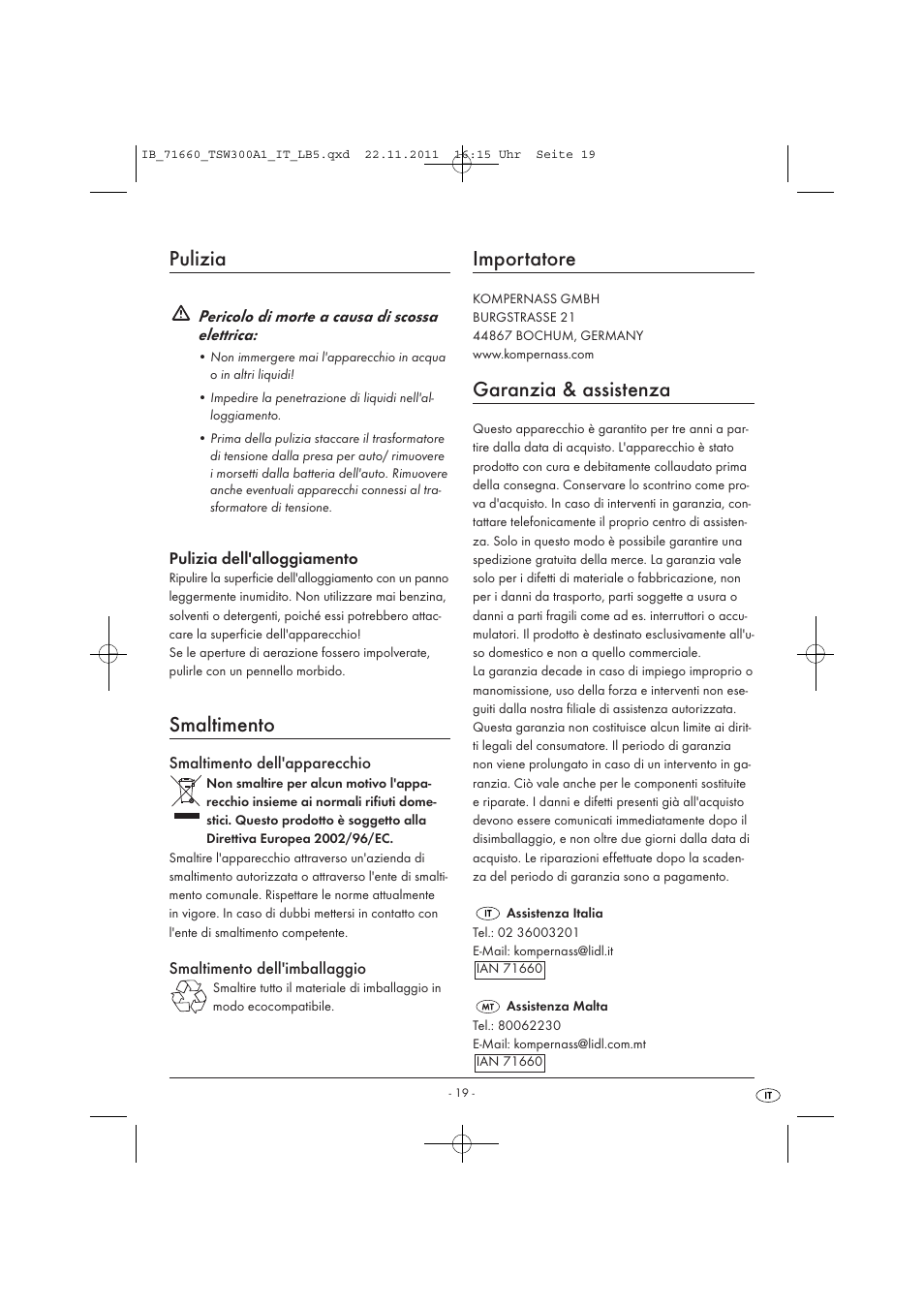 Pulizia, Smaltimento, Importatore | Garanzia & assistenza | Tronic TSW 300 A1 User Manual | Page 21 / 42