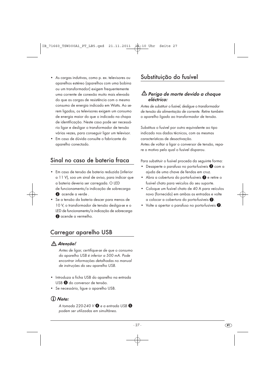 Sinal no caso de bateria fraca, Carregar aparelho usb, Substituição do fusível | Tronic TSW 300 A1 User Manual | Page 29 / 42