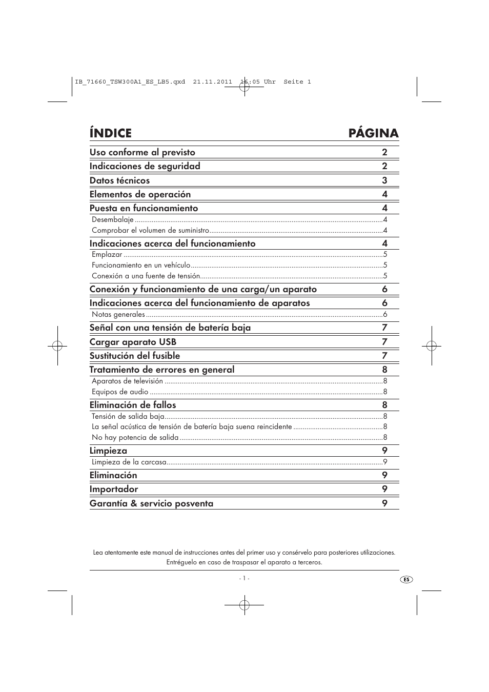 Índice página | Tronic TSW 300 A1 User Manual | Page 3 / 42