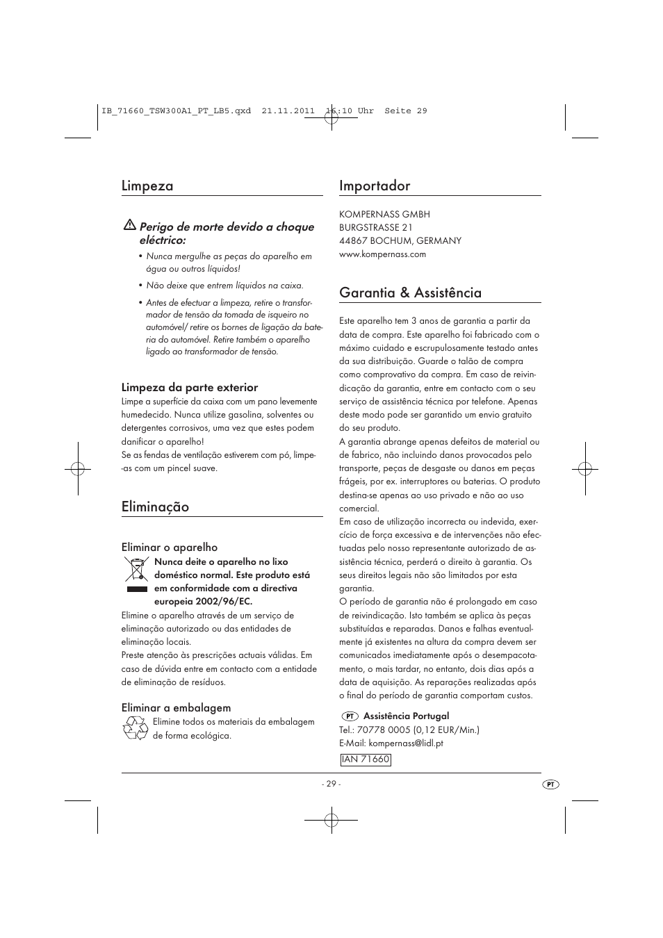 Limpeza, Eliminação, Importador | Garantia & assistência | Tronic TSW 300 A1 User Manual | Page 31 / 42