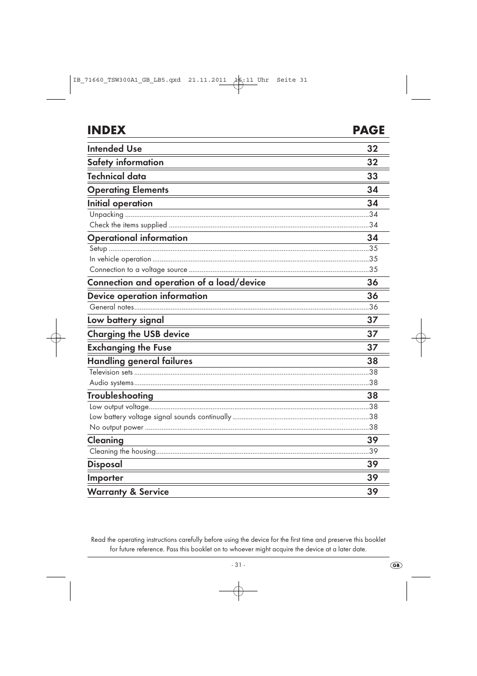 Index page | Tronic TSW 300 A1 User Manual | Page 33 / 42