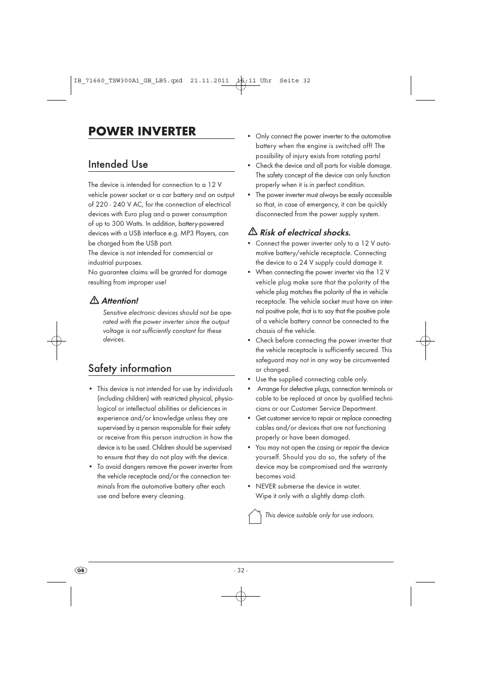 Power inverter, Intended use, Safety information | Attention, Risk of electrical shocks | Tronic TSW 300 A1 User Manual | Page 34 / 42