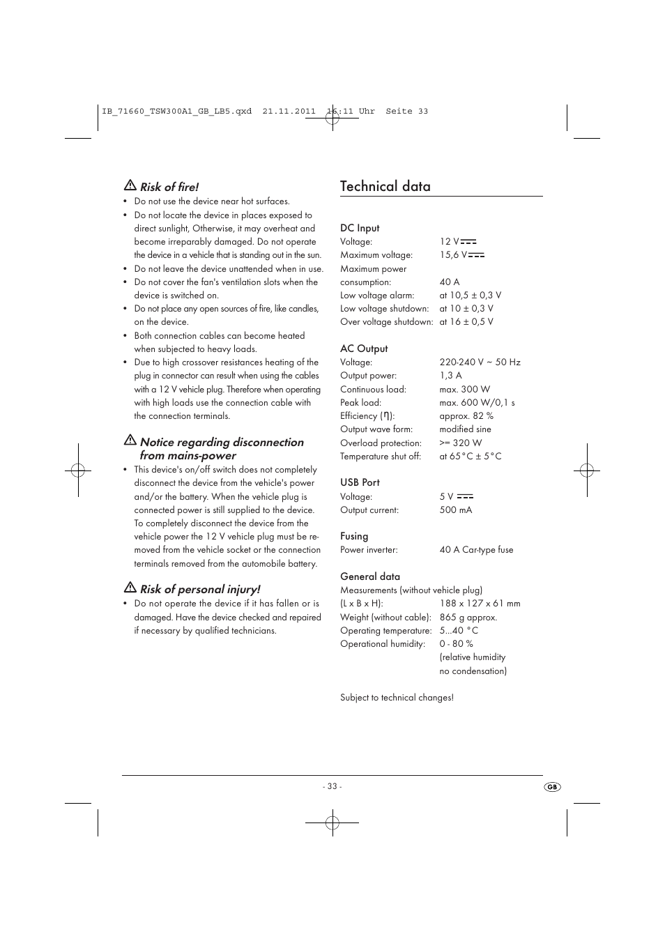 Technical data, Risk of fire, Notice regarding disconnection from mains-power | Risk of personal injury | Tronic TSW 300 A1 User Manual | Page 35 / 42