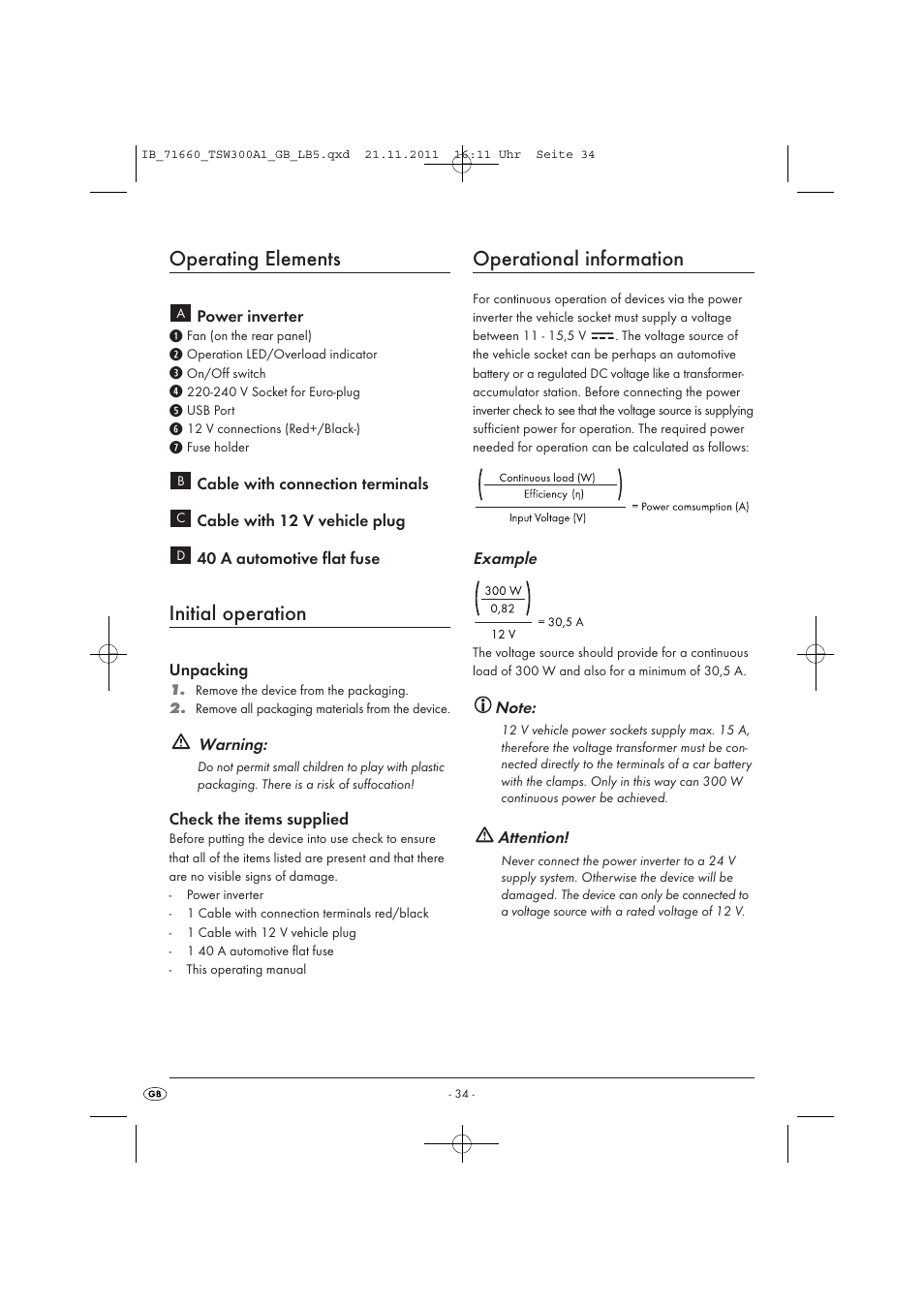 Operating elements, Initial operation, Operational information | Tronic TSW 300 A1 User Manual | Page 36 / 42