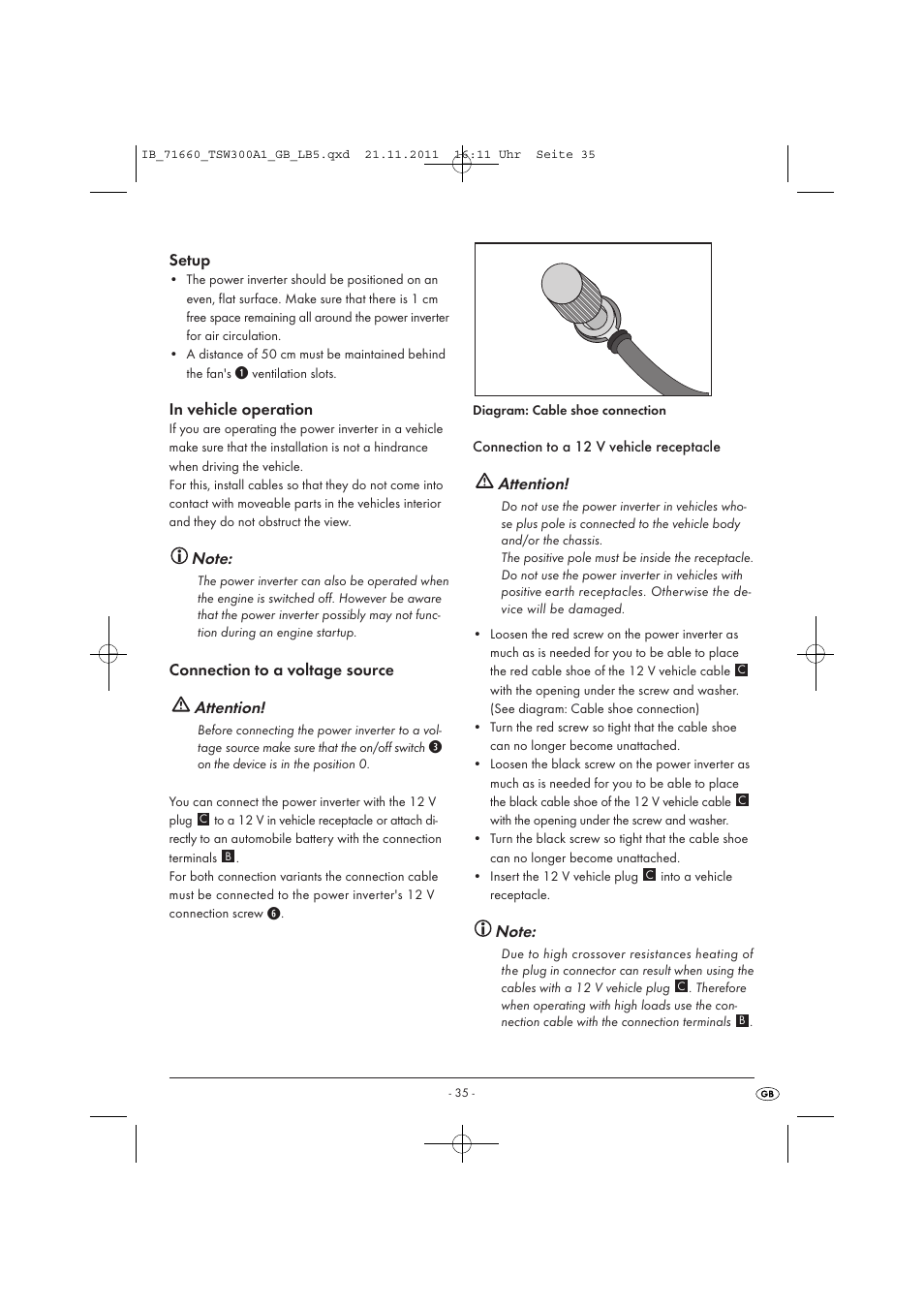 Setup, Connection to a voltage source attention, Attention | Tronic TSW 300 A1 User Manual | Page 37 / 42