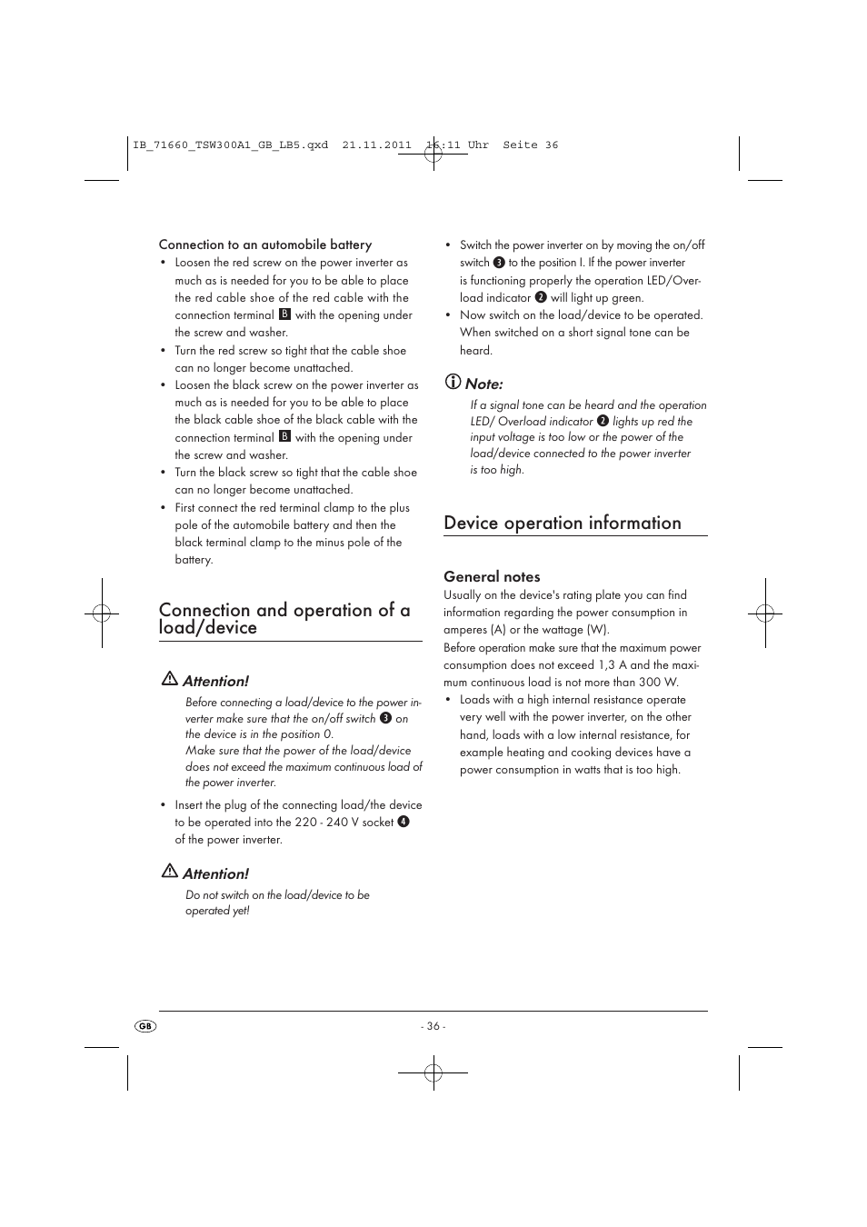 Connection and operation of a load/device, Device operation information, Attention | Tronic TSW 300 A1 User Manual | Page 38 / 42