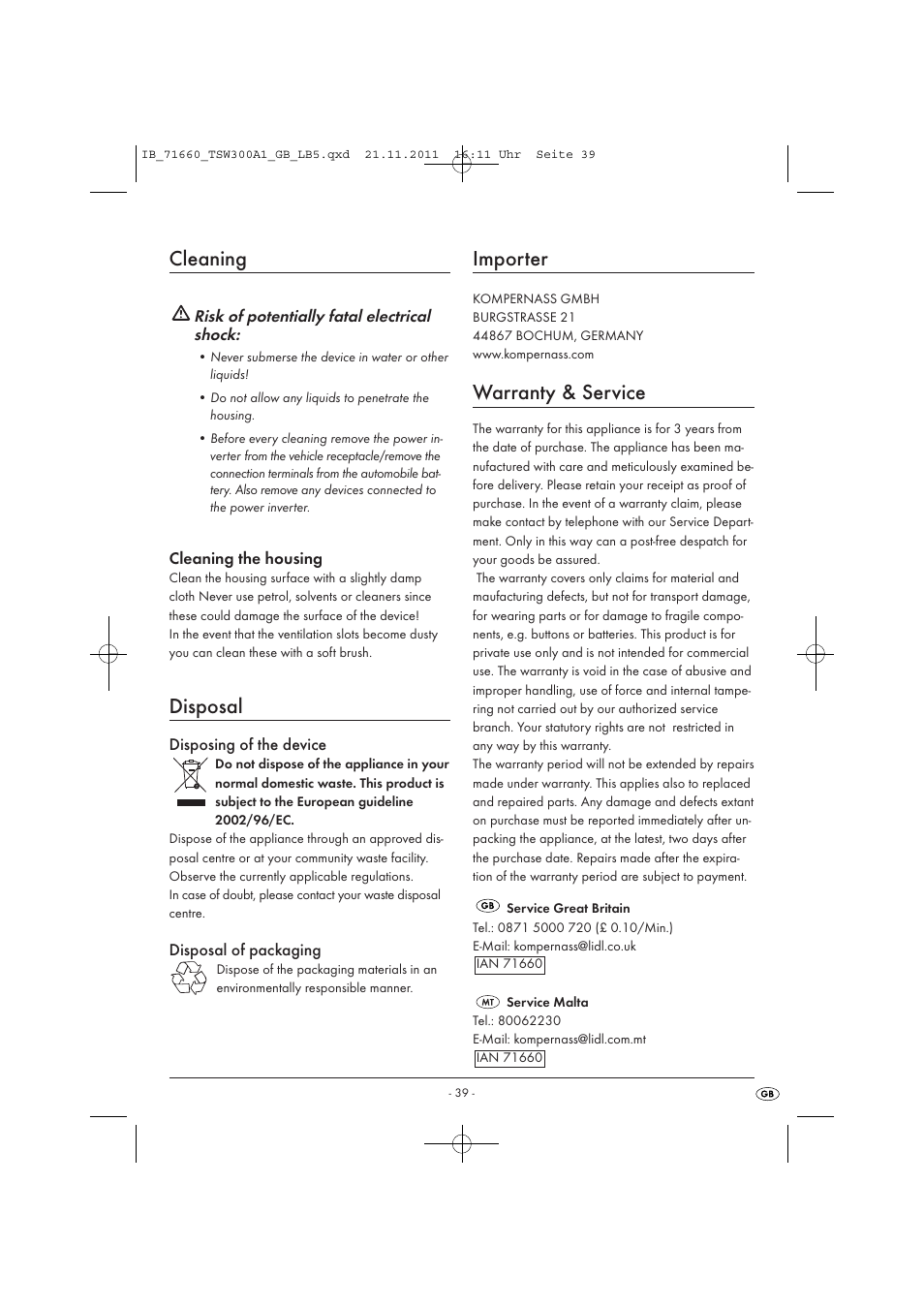 Cleaning, Disposal, Importer | Warranty & service | Tronic TSW 300 A1 User Manual | Page 41 / 42