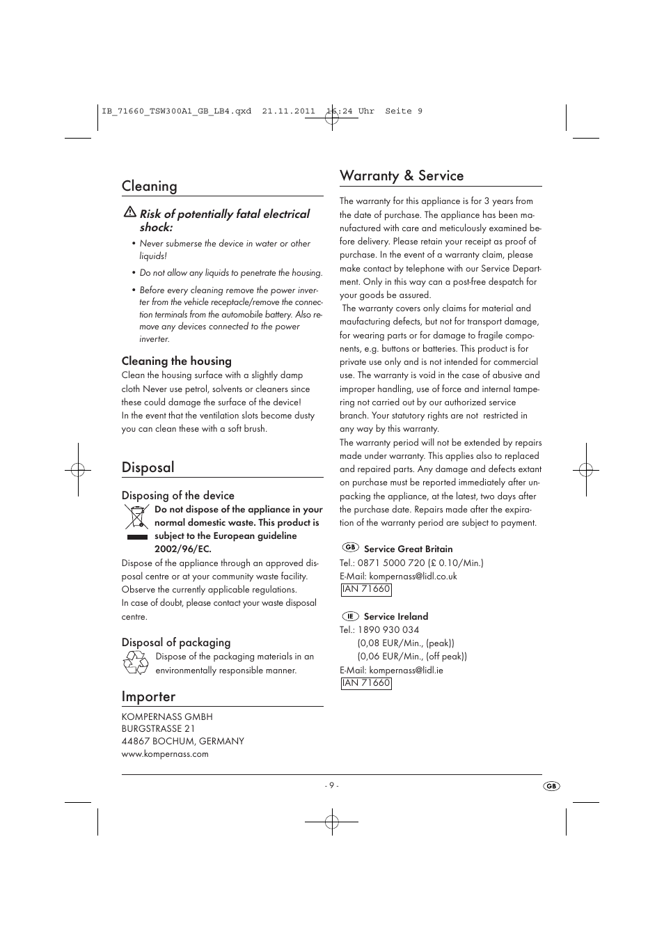 Cleaning, Disposal, Importer | Warranty & service | Tronic TSW 300 A1 User Manual | Page 11 / 72