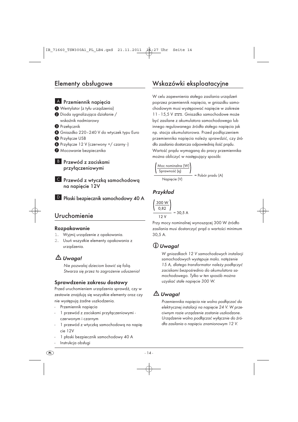 Elementy obsługowe, Uruchomienie, Wskazówki eksploatacyjne | Tronic TSW 300 A1 User Manual | Page 16 / 72
