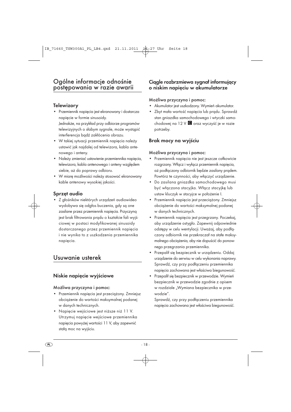 Usuwanie usterek, Telewizory, Sprzęt audio | Niskie napięcie wyjściowe, Brak mocy na wyjściu | Tronic TSW 300 A1 User Manual | Page 20 / 72