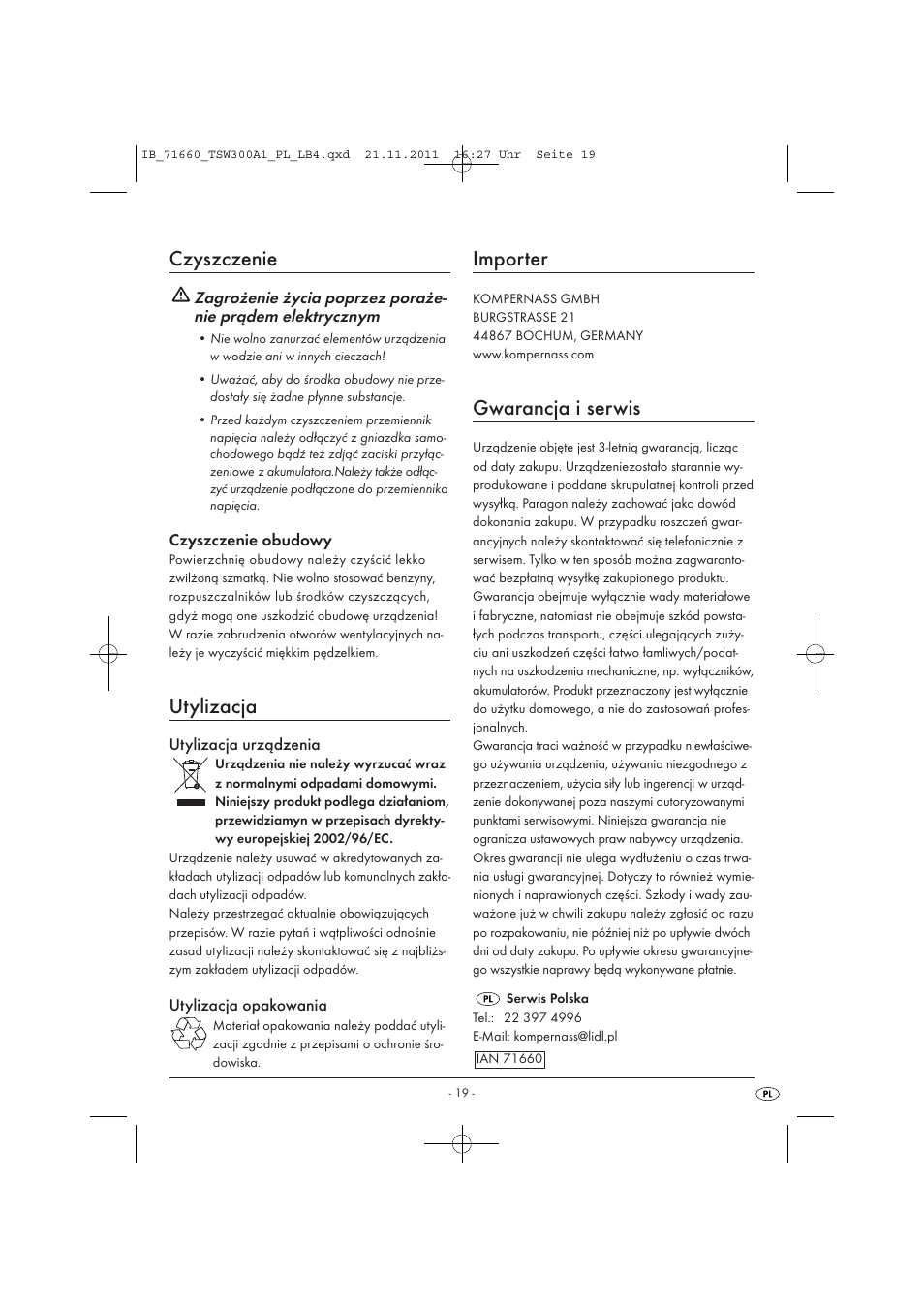 Czyszczenie, Utylizacja, Importer | Gwarancja i serwis | Tronic TSW 300 A1 User Manual | Page 21 / 72