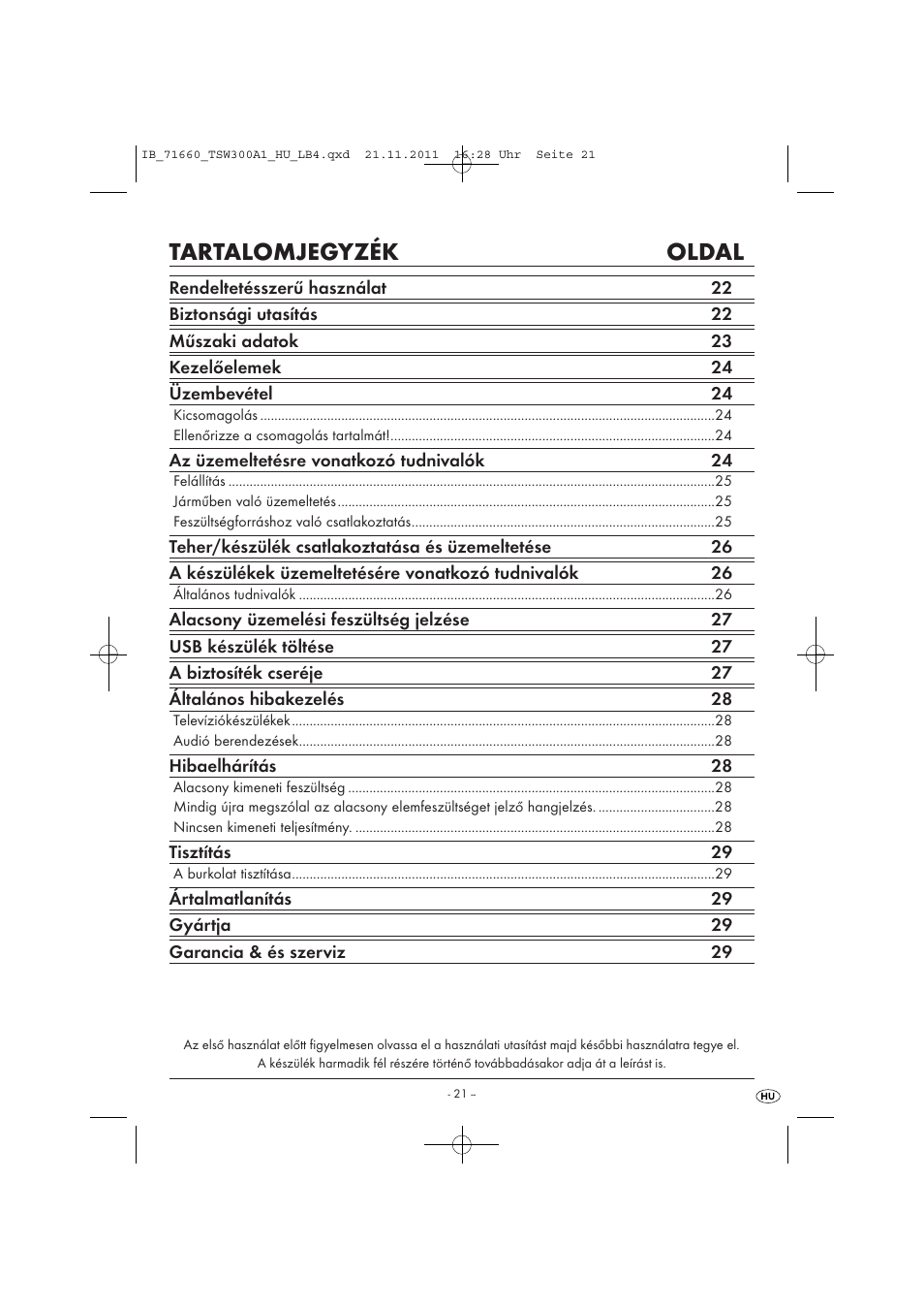 Tartalomjegyzék oldal | Tronic TSW 300 A1 User Manual | Page 23 / 72