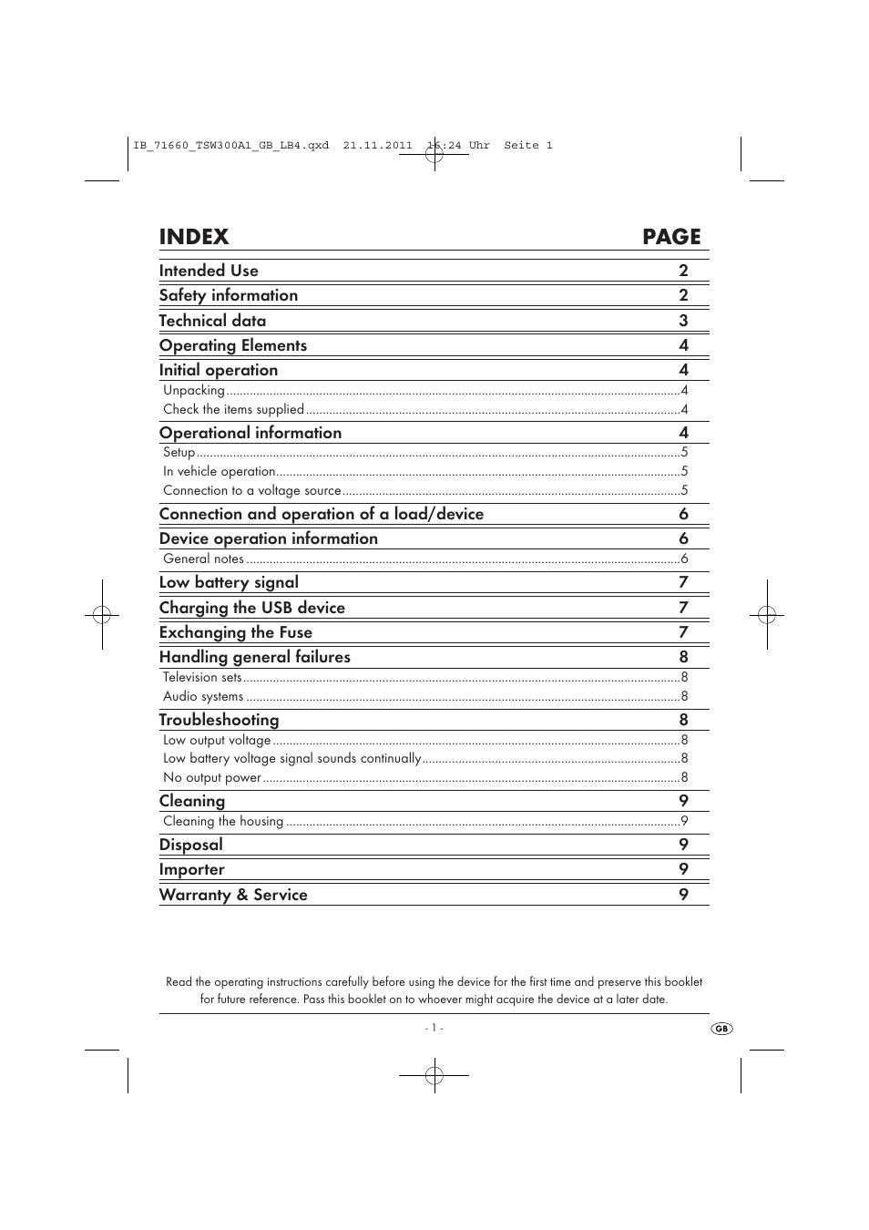Index page | Tronic TSW 300 A1 User Manual | Page 3 / 72