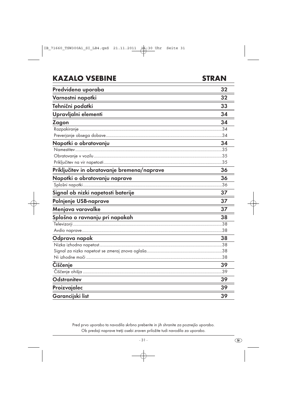 Kazalo vsebine stran | Tronic TSW 300 A1 User Manual | Page 33 / 72