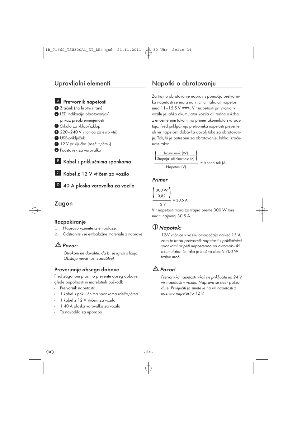 Upravljalni elementi, Zagon, Napotki o obratovanju | Tronic TSW 300 A1 User Manual | Page 36 / 72