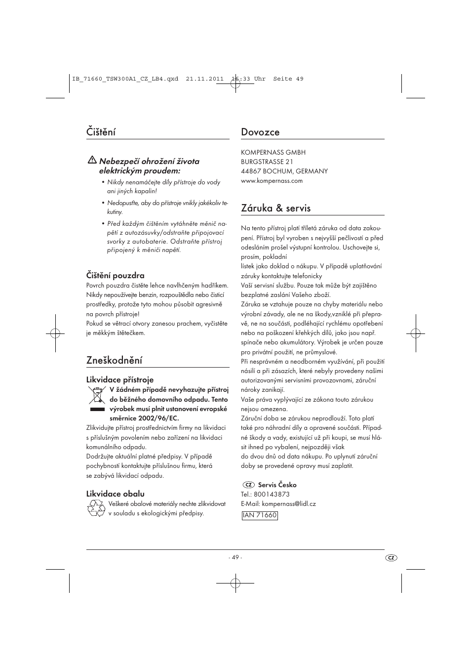 Čištění, Zneškodnění, Dovozce | Záruka & servis | Tronic TSW 300 A1 User Manual | Page 51 / 72