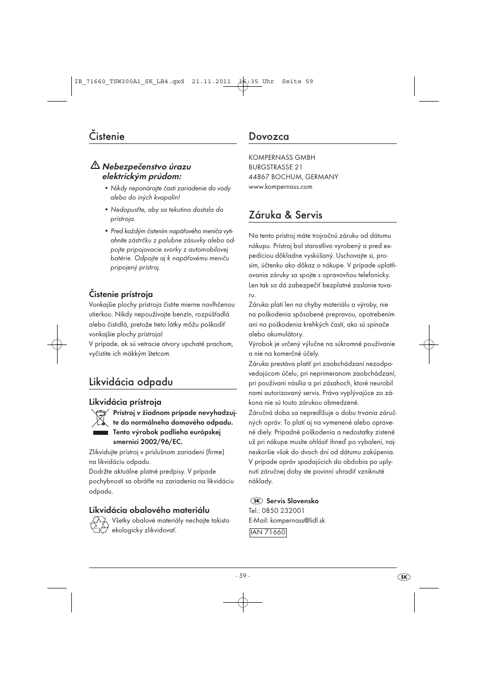 Čistenie, Likvidácia odpadu, Dovozca | Záruka & servis | Tronic TSW 300 A1 User Manual | Page 61 / 72