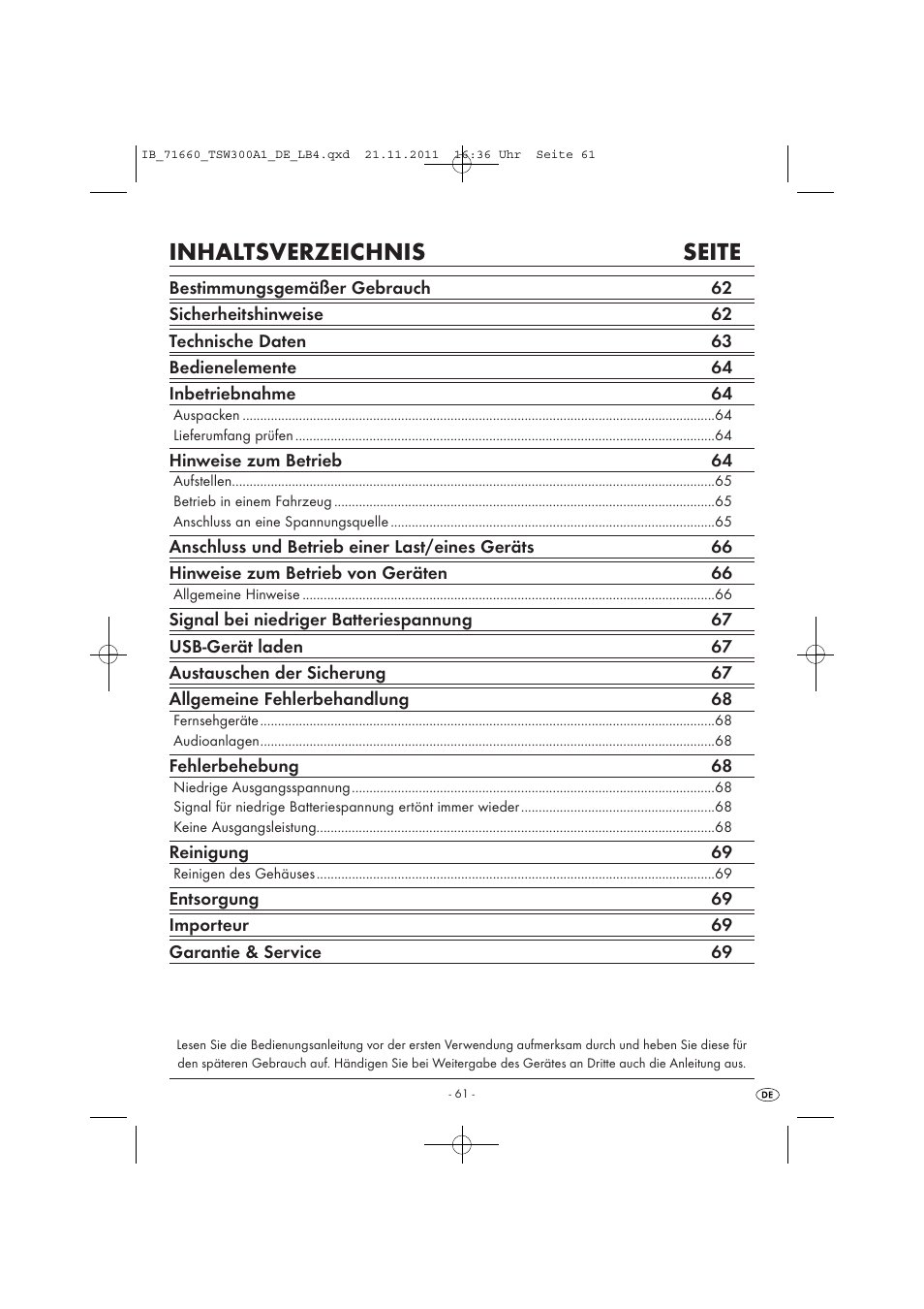 Inhaltsverzeichnis seite | Tronic TSW 300 A1 User Manual | Page 63 / 72
