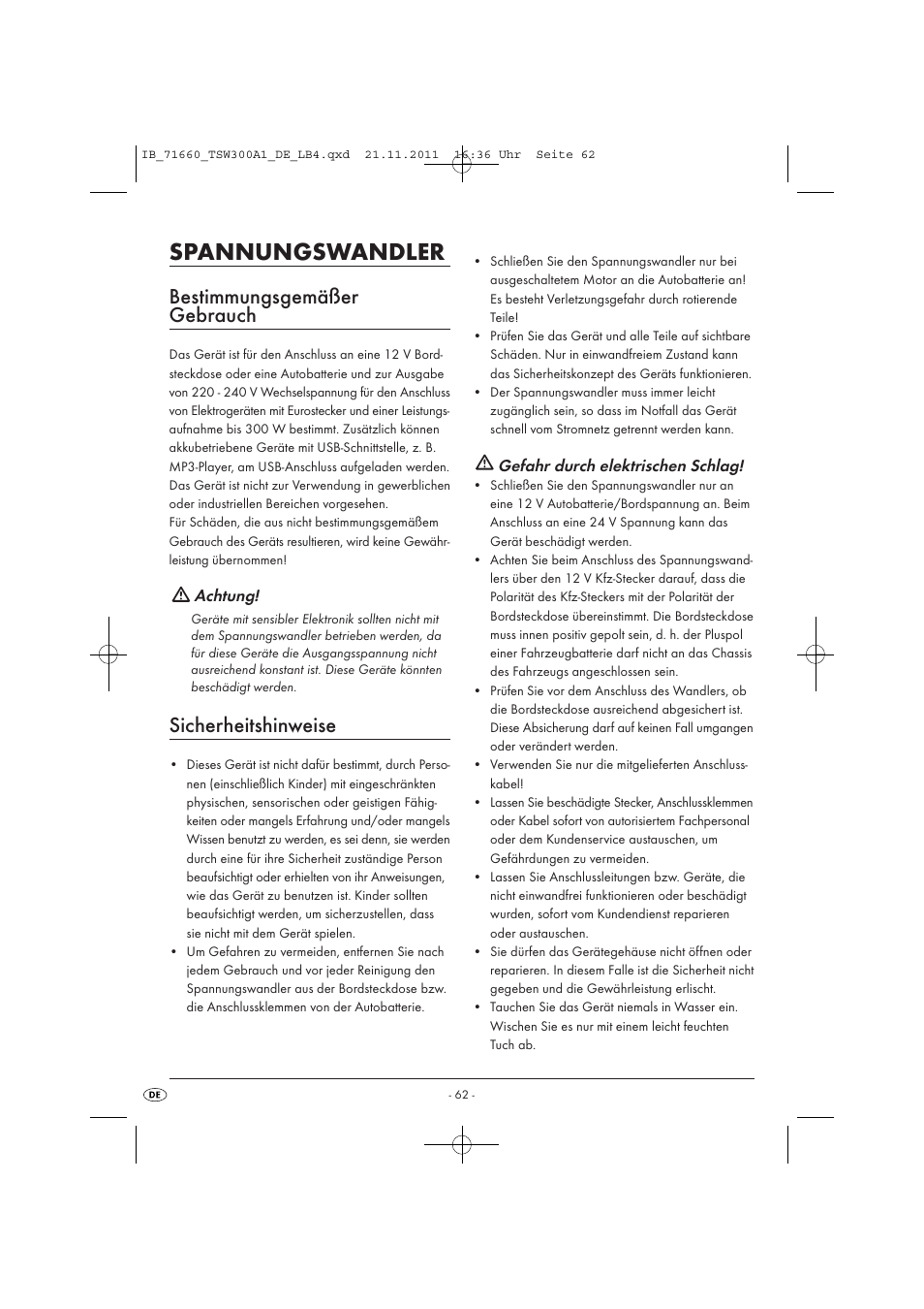 Spannungswandler, Bestimmungsgemäßer gebrauch, Sicherheitshinweise | Achtung, Gefahr durch elektrischen schlag | Tronic TSW 300 A1 User Manual | Page 64 / 72