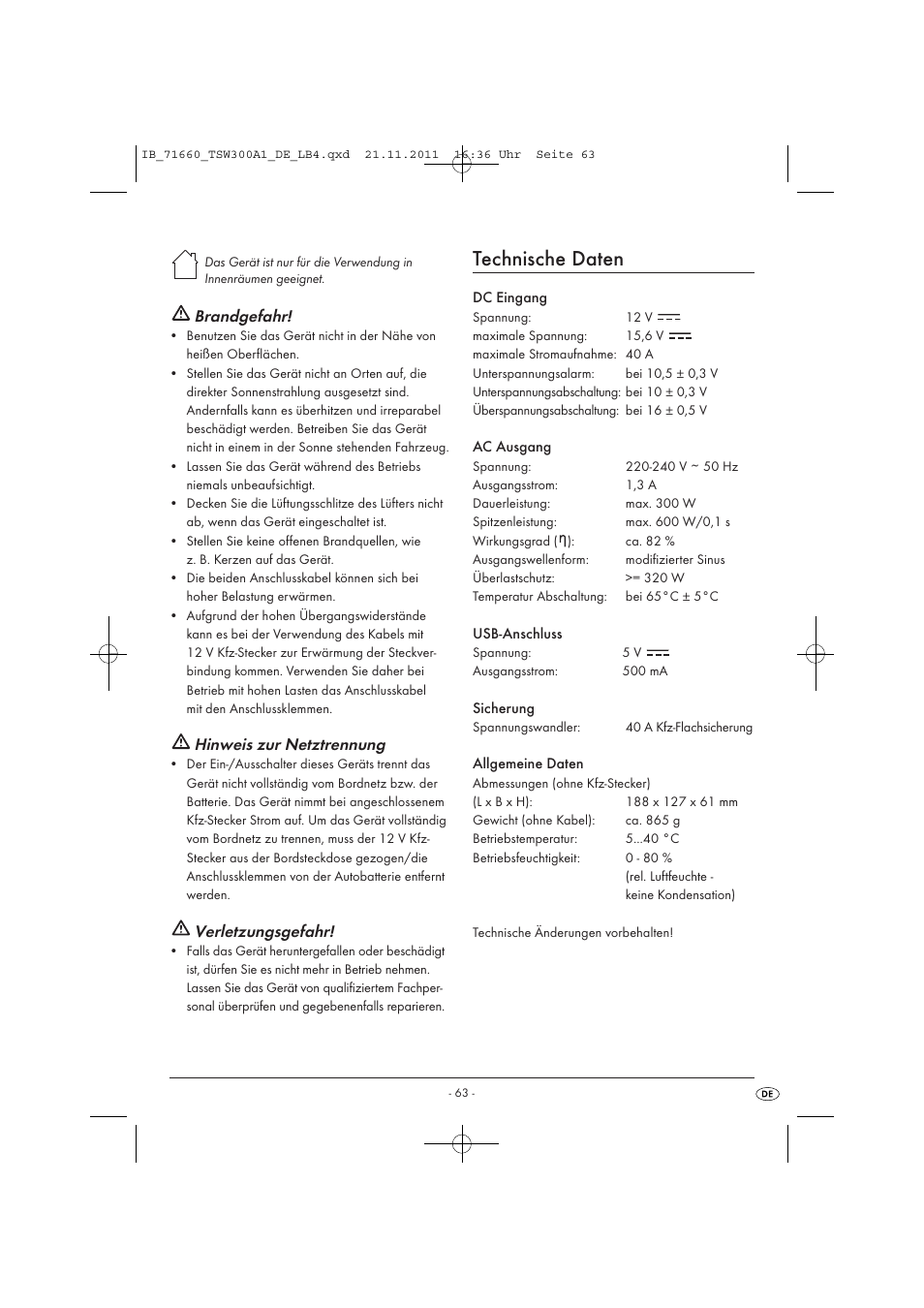 Technische daten, Brandgefahr, Hinweis zur netztrennung | Verletzungsgefahr | Tronic TSW 300 A1 User Manual | Page 65 / 72