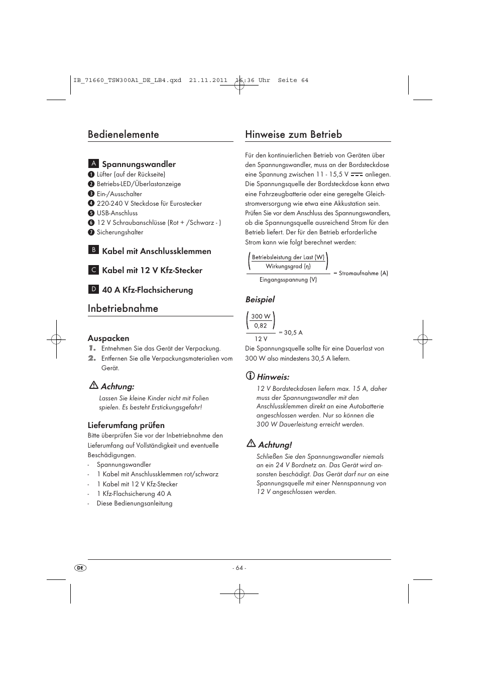 Bedienelemente, Inbetriebnahme, Hinweise zum betrieb | Tronic TSW 300 A1 User Manual | Page 66 / 72