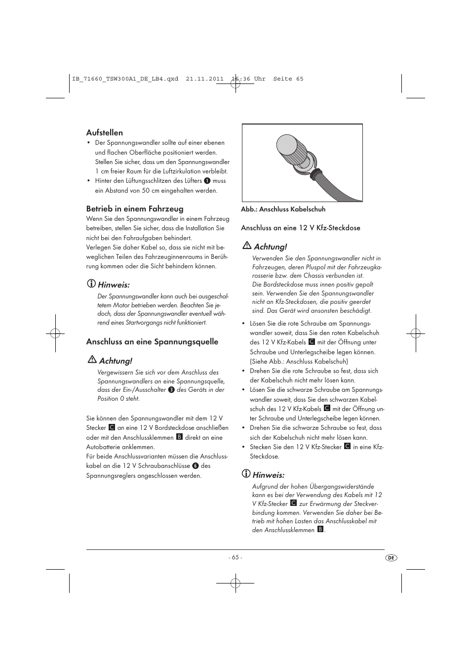 Aufstellen, Betrieb in einem fahrzeug, Hinweis | Anschluss an eine spannungsquelle achtung, Achtung | Tronic TSW 300 A1 User Manual | Page 67 / 72