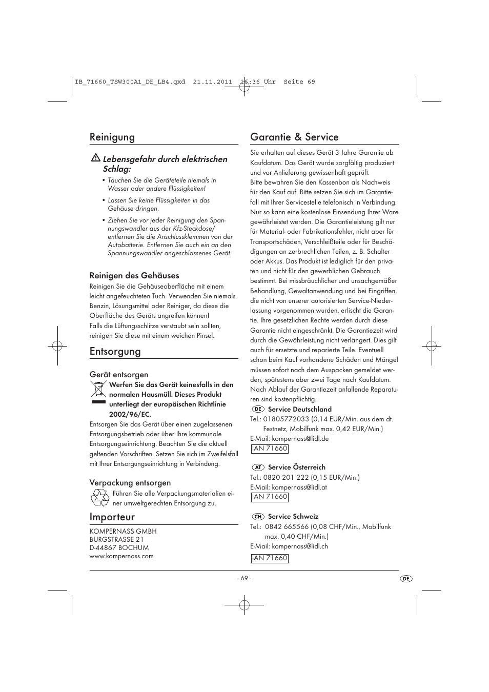 Reinigung, Entsorgung, Importeur | Garantie & service | Tronic TSW 300 A1 User Manual | Page 71 / 72