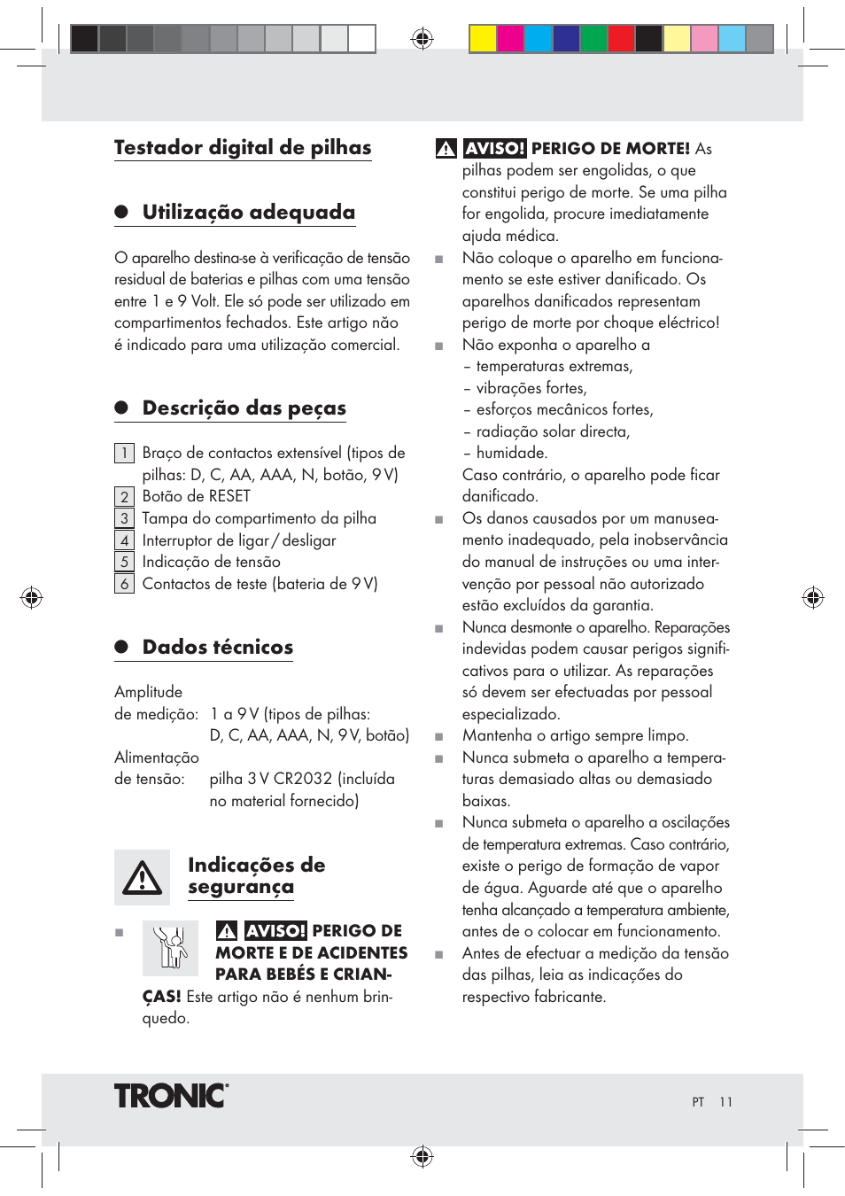 Testador digital de pilhas, Utilização adequada, Descrição das peças | Dados técnicos, Indicações de segurança | Tronic Z30508 User Manual | Page 11 / 20