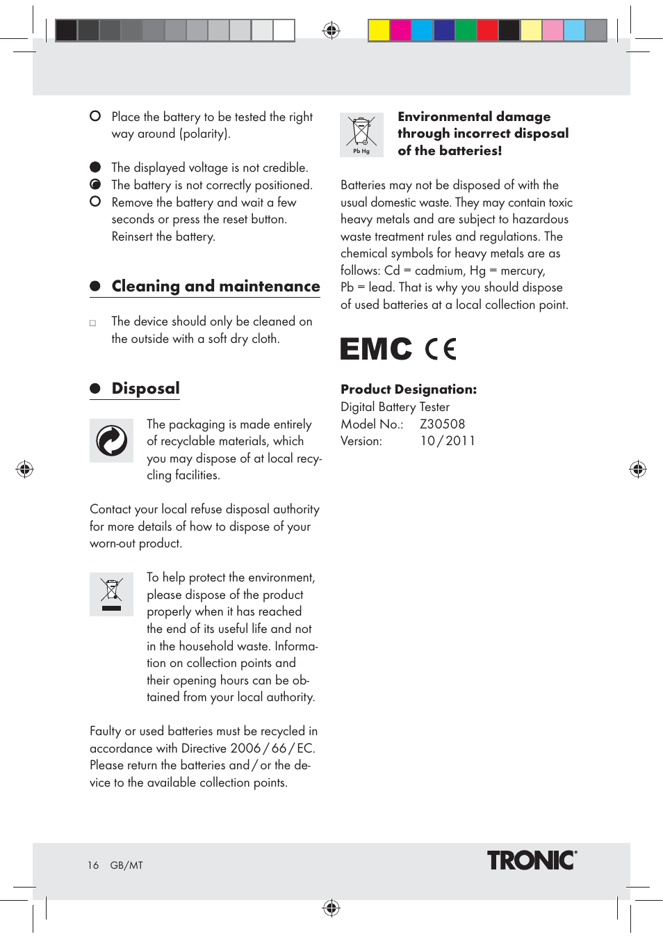 Cleaning and maintenance, Disposal | Tronic Z30508 User Manual | Page 16 / 20