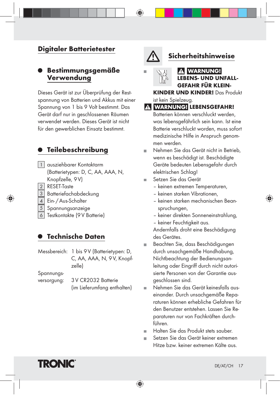 Digitaler batterietester, Bestimmungsgemäße verwendung, Teilebeschreibung | Technische daten, Sicherheitshinweise | Tronic Z30508 User Manual | Page 17 / 20