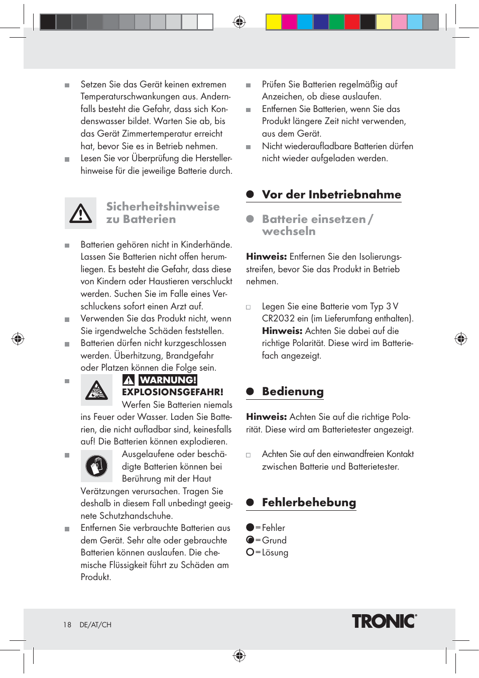 Sicherheitshinweise zu batterien, Vor der inbetriebnahme, Batterie einsetzen / wechseln | Bedienung, Fehlerbehebung | Tronic Z30508 User Manual | Page 18 / 20