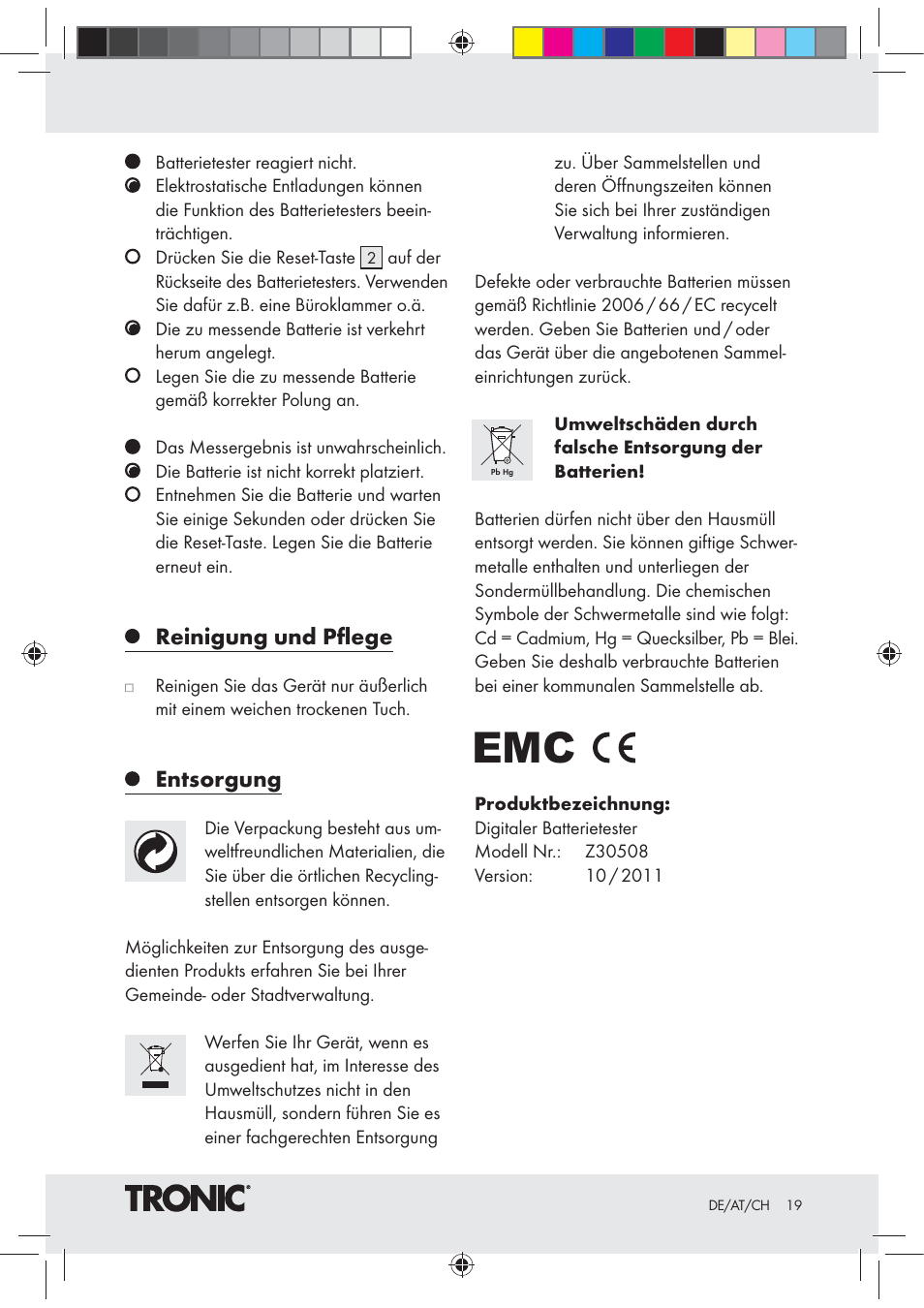 Reinigung und pﬂege, Entsorgung | Tronic Z30508 User Manual | Page 19 / 20