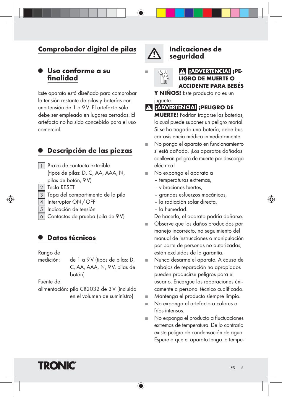 Comprobador digital de pilas, Uso conforme a su ﬁnalidad, Descripción de las piezas | Datos técnicos, Indicaciones de seguridad | Tronic Z30508 User Manual | Page 5 / 20