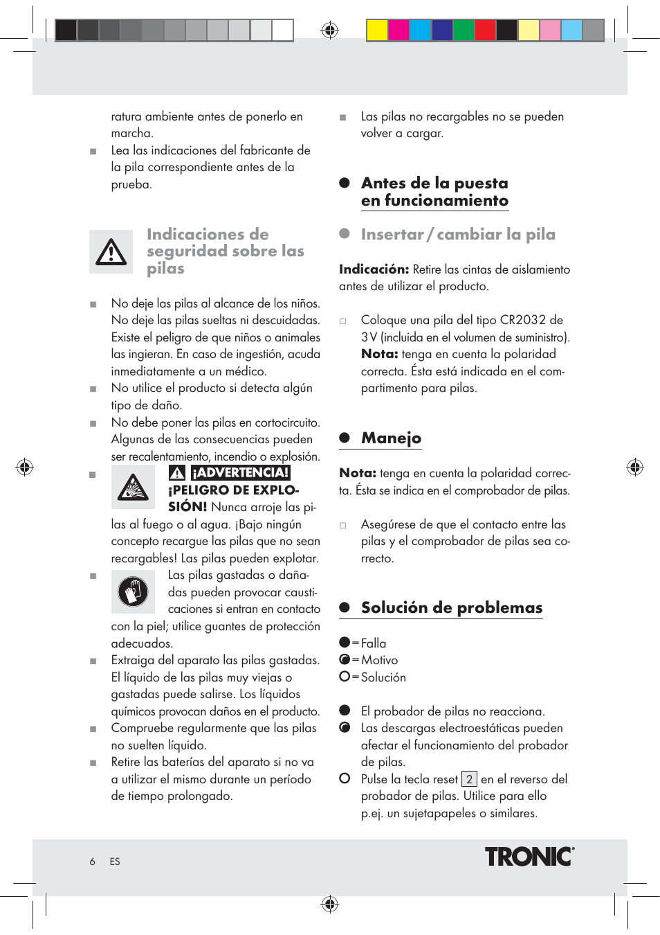 Indicaciones de seguridad sobre las pilas, Antes de la puesta en funcionamiento, Insertar / cambiar la pila | Manejo, Solución de problemas | Tronic Z30508 User Manual | Page 6 / 20