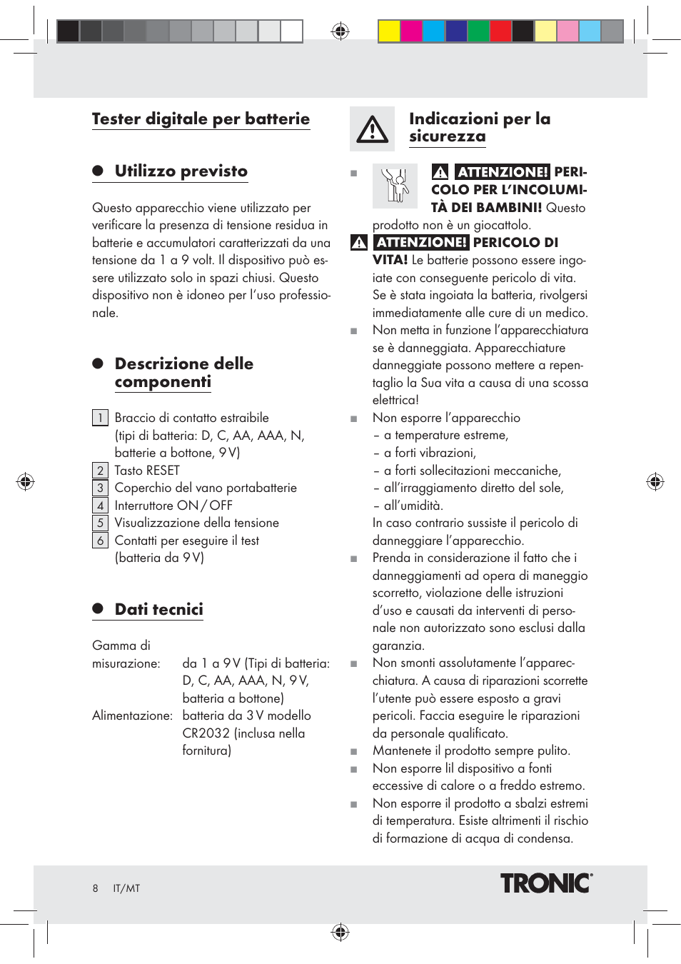 Tester digitale per batterie, Utilizzo previsto, Descrizione delle componenti | Dati tecnici, Indicazioni per la sicurezza | Tronic Z30508 User Manual | Page 8 / 20