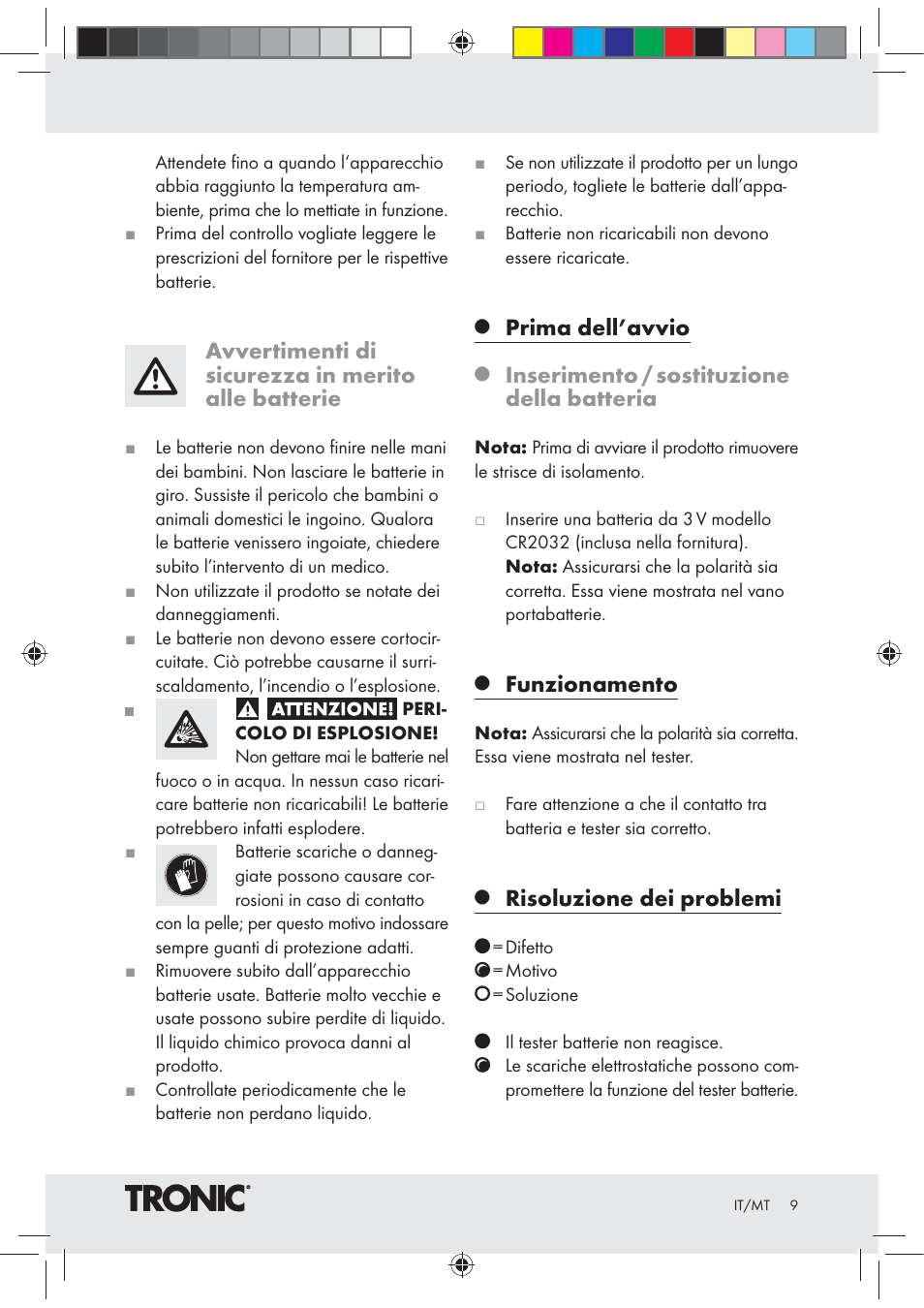 Avvertimenti di sicurezza in merito alle batterie, Prima dell’avvio, Inserimento / sostituzione della batteria | Funzionamento, Risoluzione dei problemi | Tronic Z30508 User Manual | Page 9 / 20