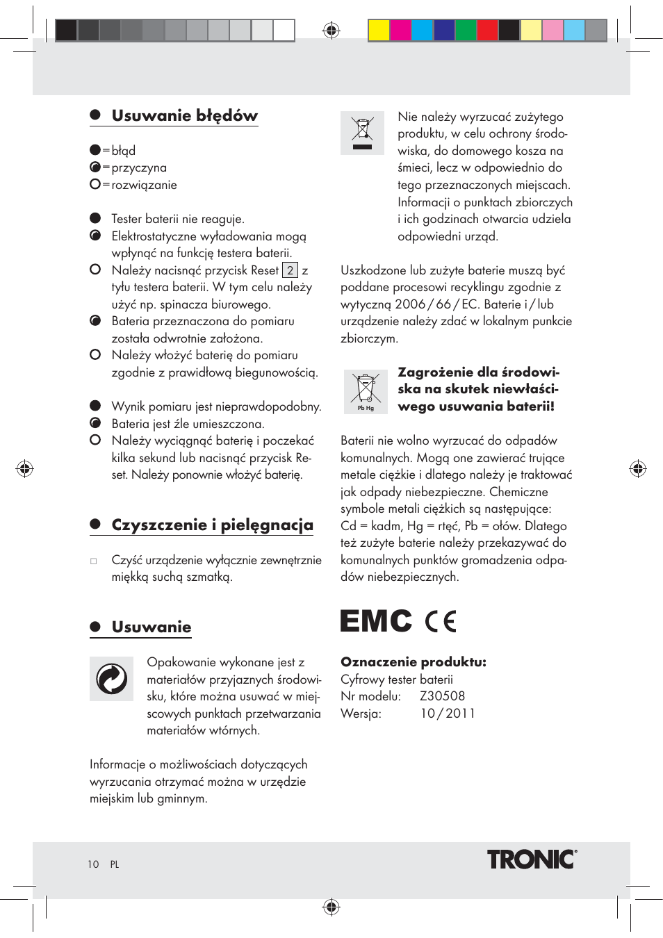 Usuwanie błędów, Czyszczenie i pielęgnacja, Usuwanie | Tronic Z30508 User Manual | Page 10 / 26