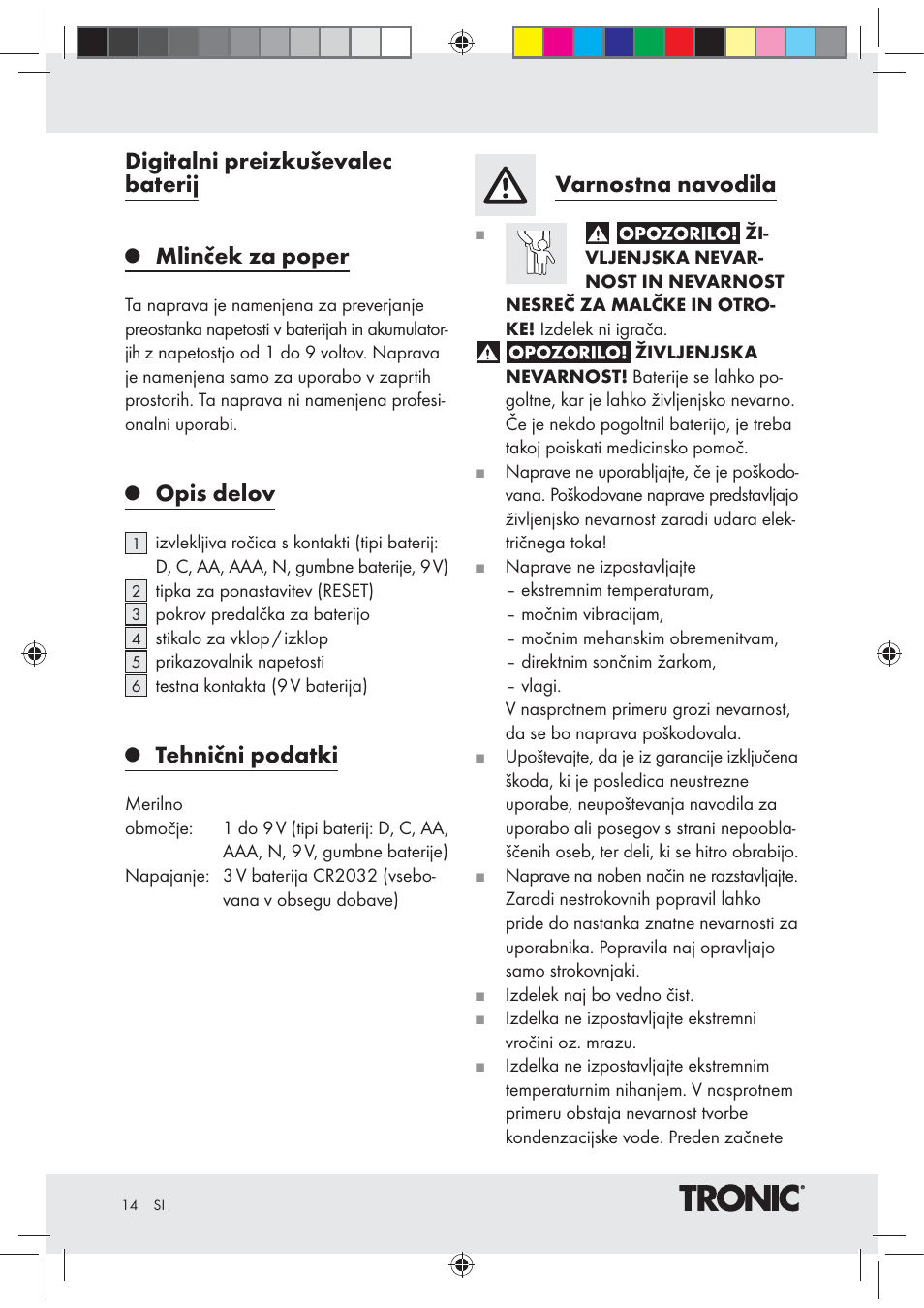 Digitalni preizkuševalec baterij, Mlinček za poper, Opis delov | Tehnični podatki, Varnostna navodila | Tronic Z30508 User Manual | Page 14 / 26