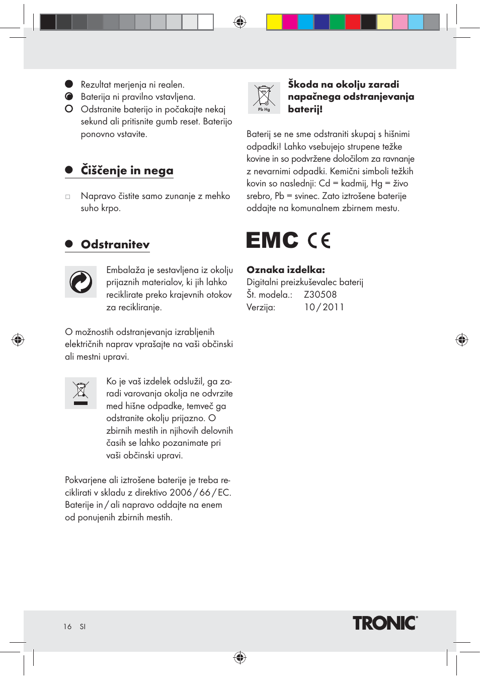 Čiščenje in nega, Odstranitev | Tronic Z30508 User Manual | Page 16 / 26
