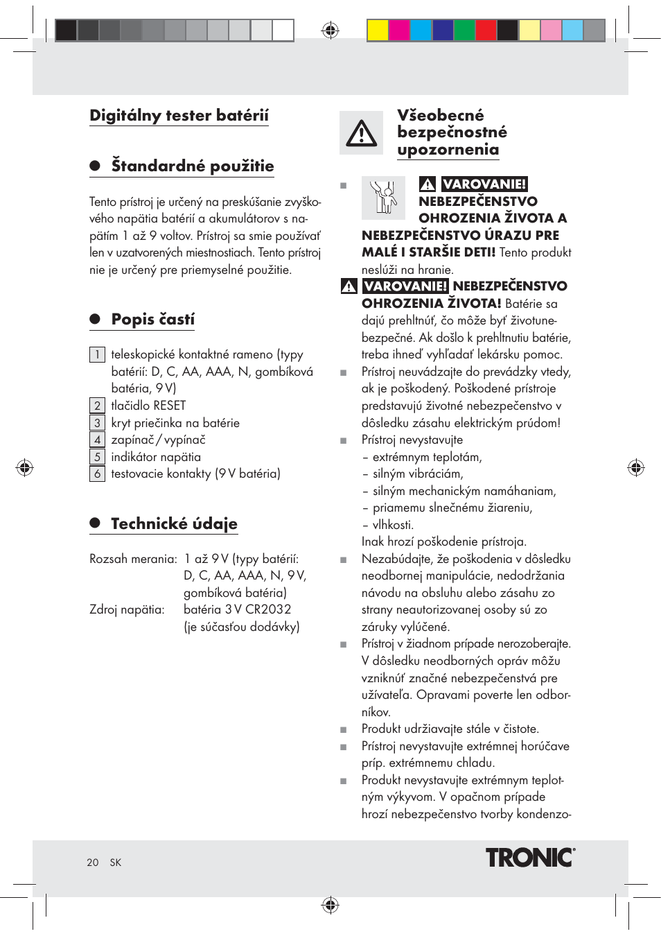 Digitálny tester batérií, Štandardné použitie, Popis častí | Technické údaje, Všeobecné bezpečnostné upozornenia | Tronic Z30508 User Manual | Page 20 / 26