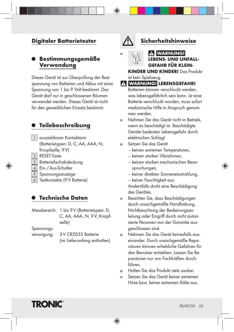 Digitaler batterietester, Bestimmungsgemäße verwendung, Teilebeschreibung | Technische daten, Sicherheitshinweise | Tronic Z30508 User Manual | Page 23 / 26