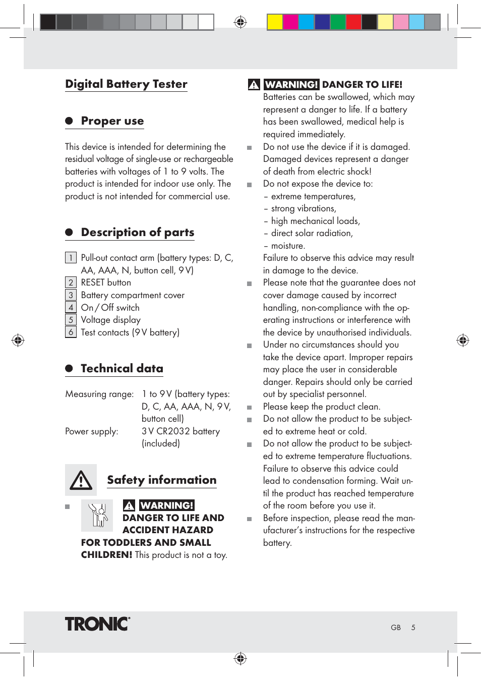 Digital battery tester, Proper use, Description of parts | Technical data, Safety information | Tronic Z30508 User Manual | Page 5 / 26