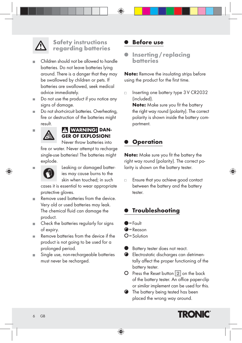 Safety instructions regarding batteries, Before use, Inserting / replacing batteries | Operation, Troubleshooting | Tronic Z30508 User Manual | Page 6 / 26