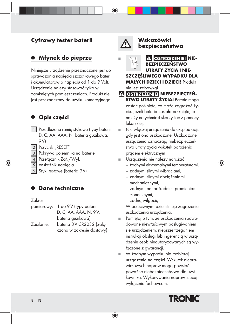Cyfrowy tester baterii, Młynek do pieprzu, Opis części | Dane techniczne, Wskazówki bezpieczeństwa | Tronic Z30508 User Manual | Page 8 / 26